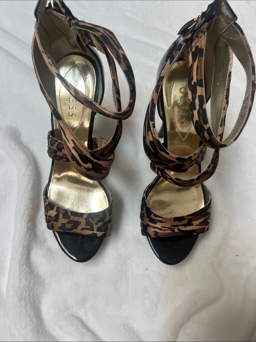 GUESS Leopard-Print Ankle-Strap Heels in Brown and Black